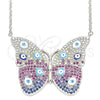 Sterling Silver Pendant Necklace, Butterfly and Evil Eye Design, with White Micro Pave, Multicolor Enamel Finish, Rhodium Finish, 04.336.0215.16