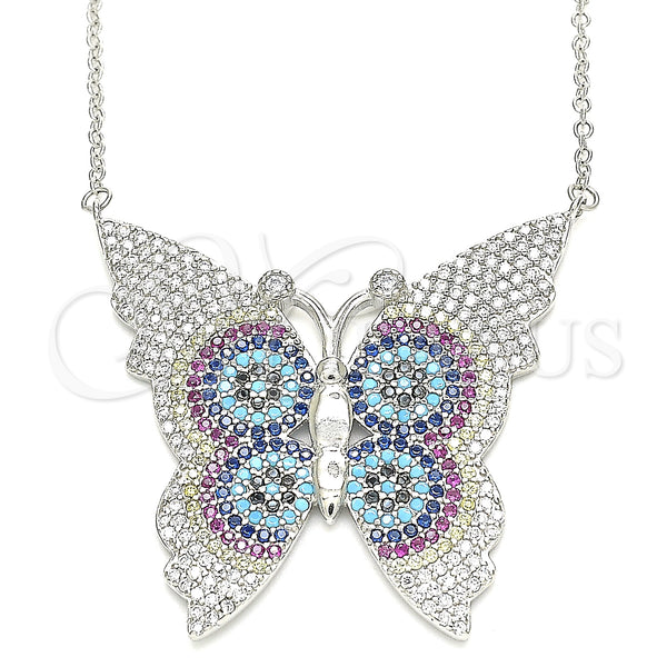Sterling Silver Pendant Necklace, Butterfly Design, with Multicolor Micro Pave, Polished, Rhodium Finish, 04.336.0216.16 (02 MM Thickness, 16 Inches Length)