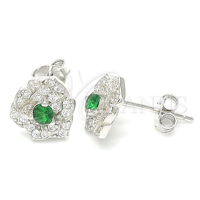 Sterling Silver Stud Earring, Flower Design, with Green and White Cubic Zirconia, Polished, Rhodium Finish for wholesale, main product view
