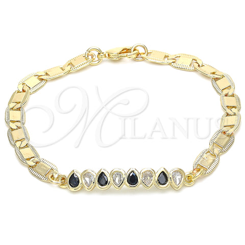 Oro Laminado Fancy Bracelet, Gold Filled Style Teardrop Design, with Black and White Cubic Zirconia, Polished, Golden Finish, 03.63.2151.07 (06 MM Thickness, 7 Inches Length)