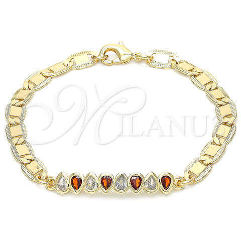 Oro Laminado Fancy Bracelet, Gold Filled Style Teardrop Design, with Garnet and White Cubic Zirconia, Polished, Golden Finish, 03.63.2151.1.07 (06 MM Thickness, 7 Inches Length)