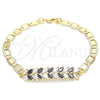 Oro Laminado Fancy Bracelet, Gold Filled Style Leaf Design, with Black and White Cubic Zirconia, Polished, Golden Finish, 03.63.2153.1.07 (06 MM Thickness, 7 Inches Length)