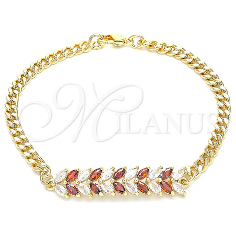 Oro Laminado Fancy Bracelet, Gold Filled Style Leaf Design, with Garnet and White Cubic Zirconia, Polished, Golden Finish, 03.63.2155.08 (8 Inches Length)