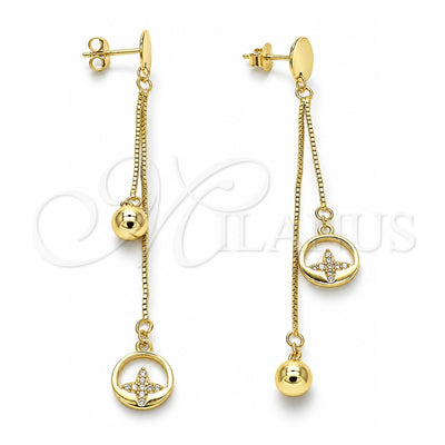 Sterling Silver Long Earring, Ball Design, with White Micro Pave, Polished, Golden Finish, 02.186.0198.1