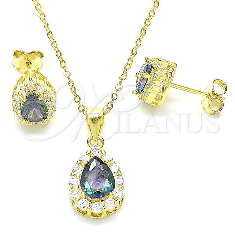 Sterling Silver Earring and Pendant Adult Set, Teardrop Design, with Vitrail Medium and White Cubic Zirconia, Polished, Golden Finish, 10.186.0041.1