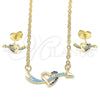 Oro Laminado Earring and Pendant Adult Set, Gold Filled Style Heart Design, with Sapphire Blue and Turquoise Cubic Zirconia, Polished, Golden Finish, 10.316.0055.1
