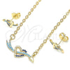 Oro Laminado Earring and Pendant Adult Set, Gold Filled Style Heart Design, with Sapphire Blue and Turquoise Cubic Zirconia, Polished, Golden Finish, 10.316.0055.1