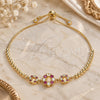 Oro Laminado Adjustable Bolo Bracelet, Gold Filled Style Flower and Crown Design, with Ruby and White Cubic Zirconia, Polished, Golden Finish, 03.233.0015.1.12 (01 MM Thickness, 12 Inches Length)
