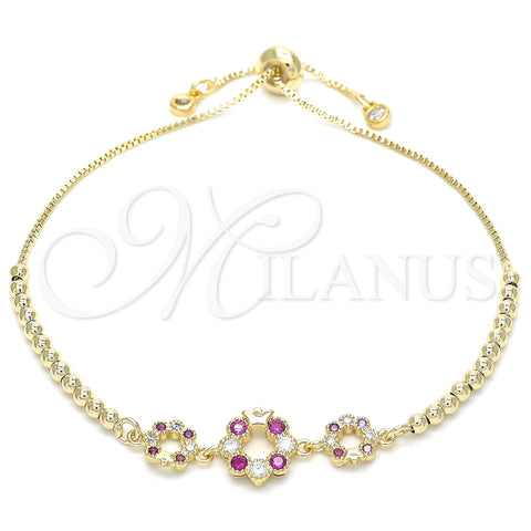 Oro Laminado Adjustable Bolo Bracelet, Gold Filled Style Flower and Crown Design, with Ruby and White Cubic Zirconia, Polished, Golden Finish, 03.233.0015.1.12 (01 MM Thickness, 12 Inches Length)
