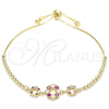 Oro Laminado Adjustable Bolo Bracelet, Gold Filled Style Flower and Crown Design, with Ruby and White Cubic Zirconia, Polished, Golden Finish, 03.233.0015.1.12 (01 MM Thickness, 12 Inches Length)