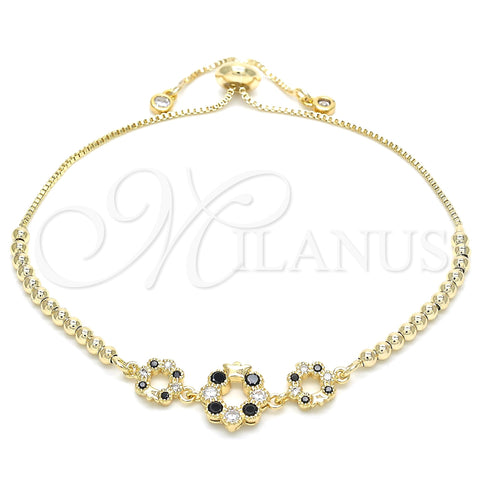 Oro Laminado Adjustable Bolo Bracelet, Gold Filled Style Flower and Crown Design, with Black and White Cubic Zirconia, Polished, Golden Finish, 03.233.0015.2.12 (01 MM Thickness, 12 Inches Length)