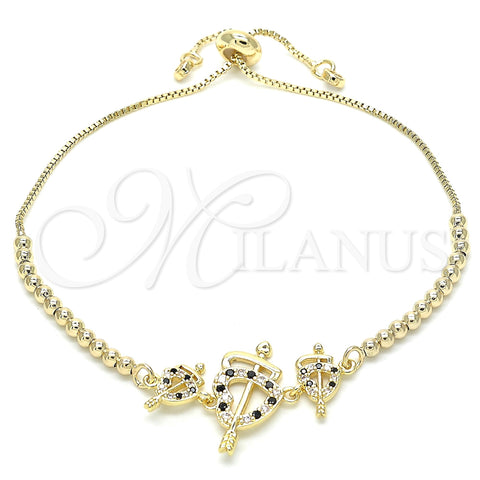 Oro Laminado Adjustable Bolo Bracelet, Gold Filled Style Heart Design, with Black and White Cubic Zirconia, Polished, Golden Finish, 03.233.0017.2.12 (01 MM Thickness, 12 Inches Length)