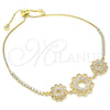 Oro Laminado Adjustable Bolo Bracelet, Gold Filled Style Flower Design, with White Cubic Zirconia, Polished, Golden Finish, 03.233.0021.12 (01 MM Thickness, 12 Inches Length)