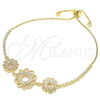 Oro Laminado Adjustable Bolo Bracelet, Gold Filled Style Flower Design, with White Cubic Zirconia, Polished, Golden Finish, 03.233.0021.12 (01 MM Thickness, 12 Inches Length)