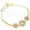 Oro Laminado Adjustable Bolo Bracelet, Gold Filled Style Flower Design, with Ruby and White Cubic Zirconia, Polished, Golden Finish, 03.233.0021.1.12 (01 MM Thickness, 12 Inches Length)
