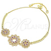 Oro Laminado Adjustable Bolo Bracelet, Gold Filled Style Flower Design, with Ruby and White Cubic Zirconia, Polished, Golden Finish, 03.233.0021.1.12 (01 MM Thickness, 12 Inches Length)