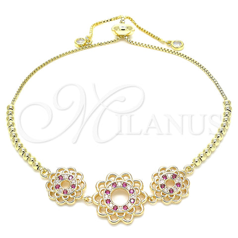 Oro Laminado Adjustable Bolo Bracelet, Gold Filled Style Flower Design, with Ruby and White Cubic Zirconia, Polished, Golden Finish, 03.233.0021.1.12 (01 MM Thickness, 12 Inches Length)