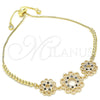 Oro Laminado Adjustable Bolo Bracelet, Gold Filled Style Flower Design, with Black and White Cubic Zirconia, Polished, Golden Finish, 03.233.0021.2.12 (01 MM Thickness, 12 Inches Length)