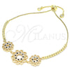 Oro Laminado Adjustable Bolo Bracelet, Gold Filled Style Flower Design, with Black and White Cubic Zirconia, Polished, Golden Finish, 03.233.0021.2.12 (01 MM Thickness, 12 Inches Length)