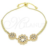 Oro Laminado Adjustable Bolo Bracelet, Gold Filled Style Flower Design, with Black and White Cubic Zirconia, Polished, Golden Finish, 03.233.0021.2.12 (01 MM Thickness, 12 Inches Length)