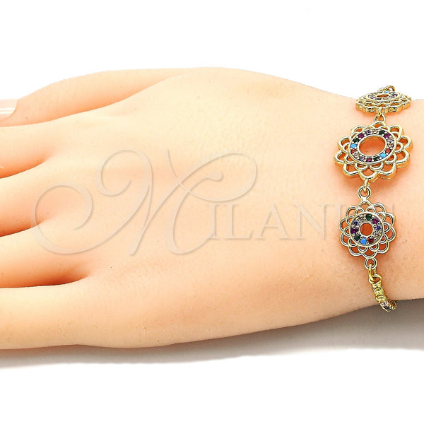 Gold Filled Bracelet — Adjustable Bolo Bracelet Flower Design with Multicolor Cubic — alternate product view — SKU 131133 | Oro Laminado brazalete — Adjustable Bolo Bracelet flor diseño with Multicolor Cubic — SKU 131133