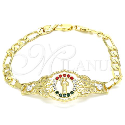 Oro Laminado Fancy Bracelet, Gold Filled Style San Benito and Butterfly Design, with Multicolor Crystal, Polished, Golden Finish, 03.253.0045.08 (06 MM Thickness, 8 Inches Length)