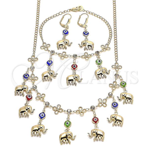 Oro Laminado Necklace, Bracelet and Earring, Gold Filled Style Evil Eye and Elephant Design, Polished, Golden Finish, 06.213.0004