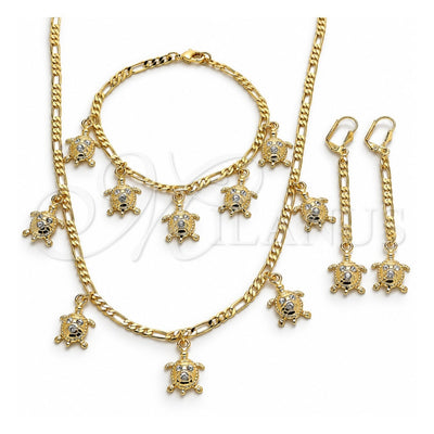 Oro Laminado Necklace, Bracelet and Earring, Gold Filled Style Turtle Design, with White Crystal, Polished, Golden Finish, 06.213.0005