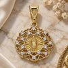 Oro Laminado Fancy Pendant, Gold Filled Style Guadalupe and Heart Design, with White Cubic Zirconia, Polished, Golden Finish, 05.253.0070