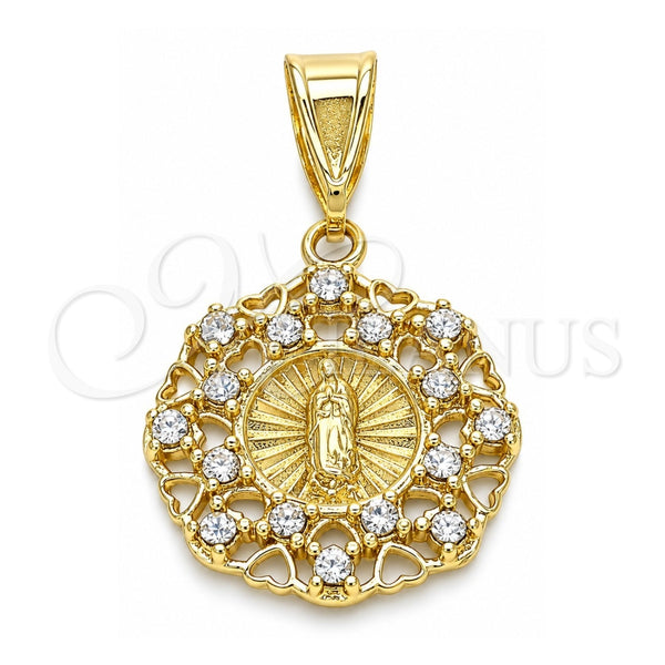 Oro Laminado Fancy Pendant, Gold Filled Style Guadalupe and Heart Design, with White Cubic Zirconia, Polished, Golden Finish, 05.253.0070