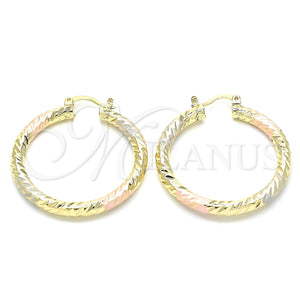 Gold Filled Hoop Earrings — Medium Hoop Hollow Design Diamond Cutting Tricolor 02. — main product view — SKU 131145 | Oro Laminado aretes de aro — Medium Hoop Hollow diseño Diamond Cutting Tricolor 02. — SKU 131145