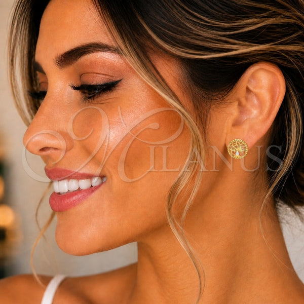 Sterling Silver Stud Earring, Tree Design, with White Cubic Zirconia, Polished, Golden Finish, 02.369.0034.2