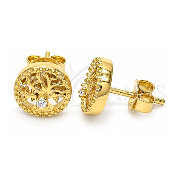 Sterling Silver Stud Earring, Tree Design, with White Cubic Zirconia, Polished, Golden Finish, 02.369.0034.2