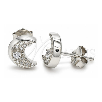 Sterling Silver Stud Earring, Moon Design, with White Cubic Zirconia, Polished, Rhodium Finish, 02.369.0036