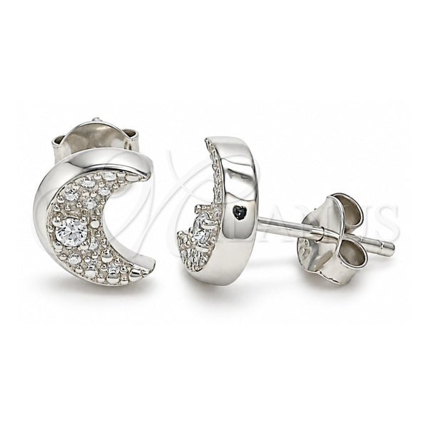 Sterling Silver Stud Earring, Moon Design, with White Cubic Zirconia, Polished, Rhodium Finish, 02.369.0036