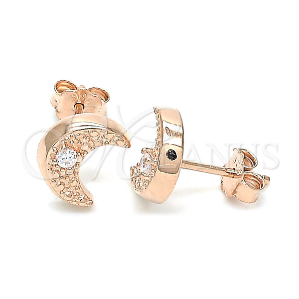 Sterling Silver Stud Earring, Moon Design, with White Cubic Zirconia, Polished, Rose Gold Finish, 02.369.0036.1