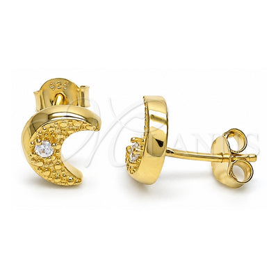 Sterling Silver Stud Earring, Moon Design, with White Cubic Zirconia, Polished, Golden Finish, 02.369.0036.2