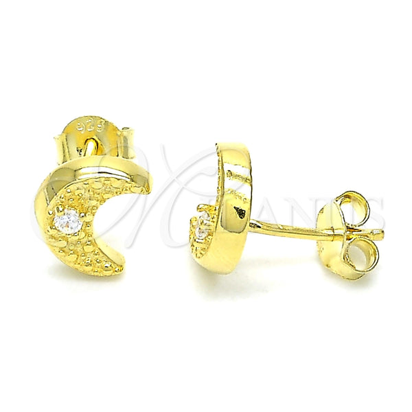 Sterling Silver Stud Earring, Moon Design, with White Cubic Zirconia, Polished, Golden Finish, 02.369.0036.2