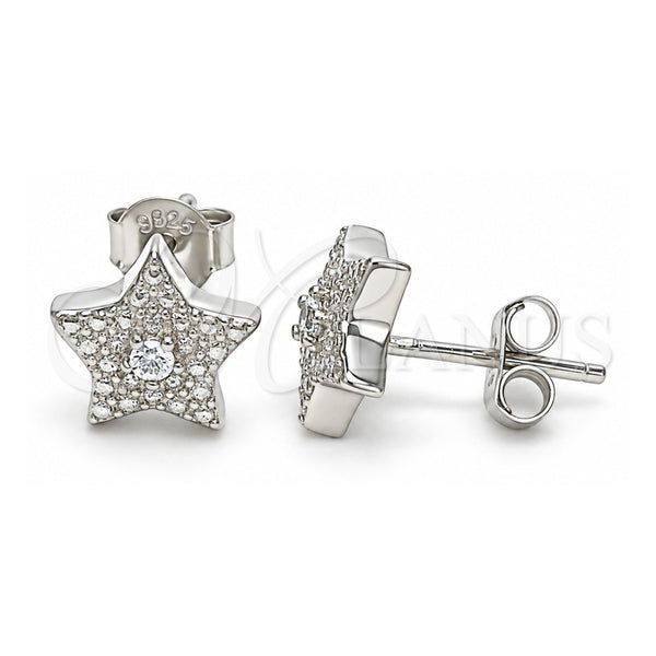 Sterling Silver Stud Earring, Star Design, with White Cubic Zirconia, Polished, Rhodium Finish, 02.369.0037