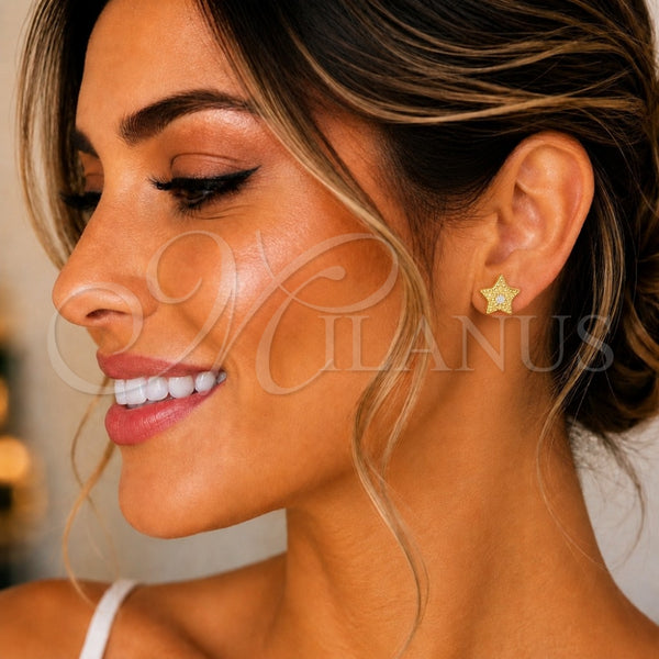 Sterling Silver Stud Earring, Star Design, with White Cubic Zirconia, Polished, Golden Finish, 02.369.0037.2