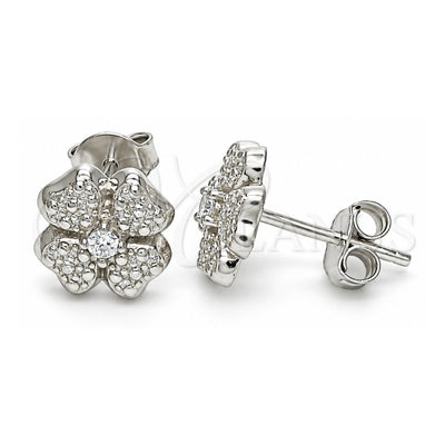 Sterling Silver Stud Earring, Four-leaf Clover Design, with White Cubic Zirconia, Polished, Rhodium Finish, 02.369.0038