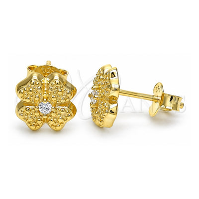 Sterling Silver Stud Earring, Four-leaf Clover Design, with White Cubic Zirconia, Polished, Golden Finish, 02.369.0038.2