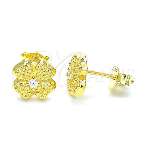 Sterling Silver Stud Earring, Four-leaf Clover Design, with White Cubic Zirconia, Polished, Golden Finish, 02.369.0038.2