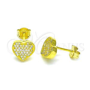 Sterling Silver Stud Earring, Heart Design, with White Micro Pave, Polished, Golden Finish, 02.369.0001.2