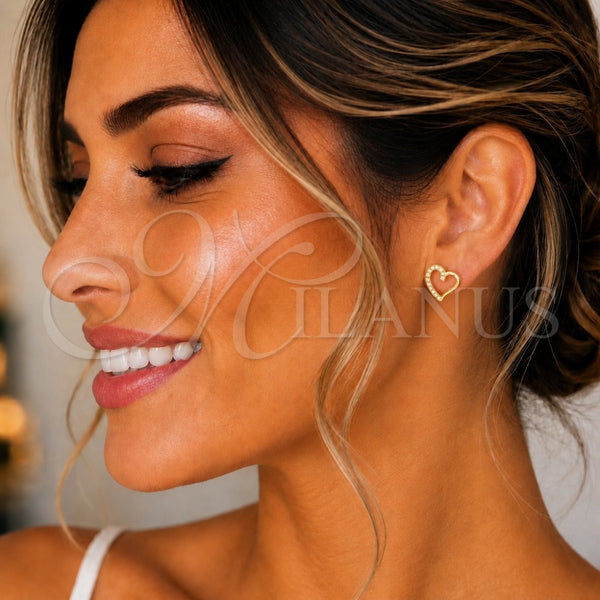 Sterling Silver Stud Earring, Heart Design, with White Micro Pave, Polished, Golden Finish, 02.369.0003.2