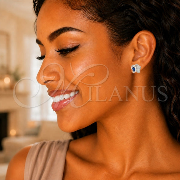 Sterling Silver Stud Earring, Butterfly Design, with Sapphire Blue Cubic Zirconia and White Micro Pave, Polished, Rhodium Finish, 02.369.0007.3