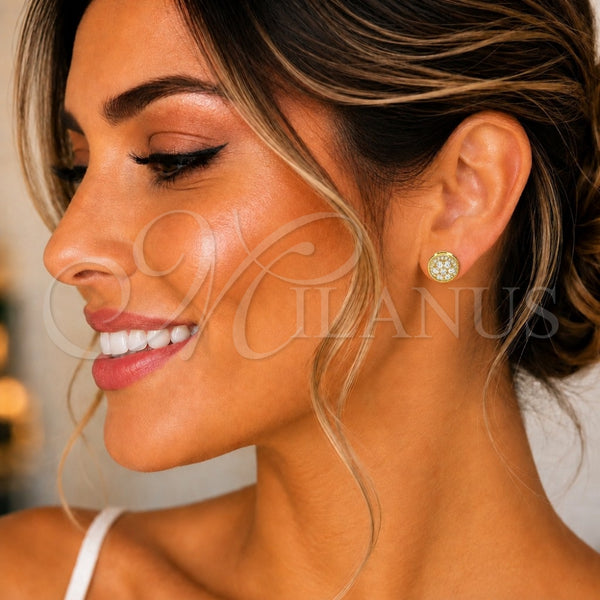 Sterling Silver Stud Earring, Flower Design, with White Cubic Zirconia and White Micro Pave, Polished, Golden Finish, 02.369.0024.2