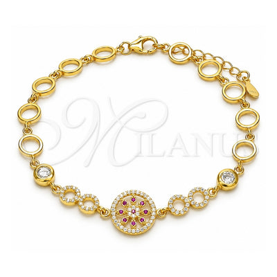 Sterling Silver Fancy Bracelet, Flower Design, with Ruby and White Cubic Zirconia, Polished, Golden Finish, 03.369.0002.5.07 (06 MM Thickness, 7 Inches Length)