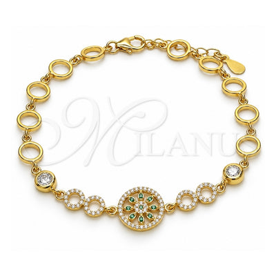 Sterling Silver Fancy Bracelet, Flower Design, with Light Green and White Cubic Zirconia, Polished, Golden Finish, 03.369.0002.6.07 (06 MM Thickness, 7 Inches Length)