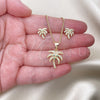 Oro Laminado Earring and Pendant Adult Set, Gold Filled Style Palm Tree Design, with Green and White Cubic Zirconia, Polished, Golden Finish, 10.342.0009.1